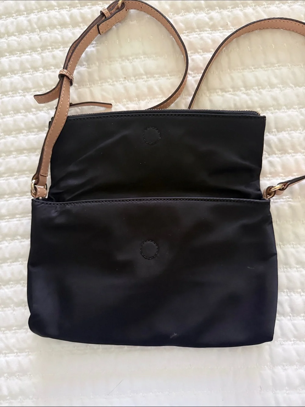 Kate Spade Black Crossbody Bag with Tan Strap and Gold Hardware